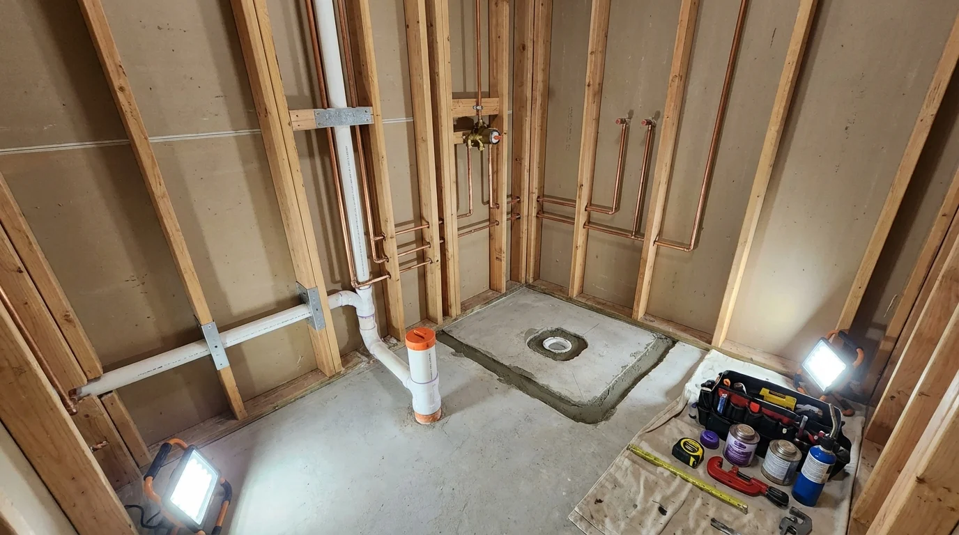 Bathroom rough-in plumbing during remodel by Johns Plumbing LLC in Laguna Hills