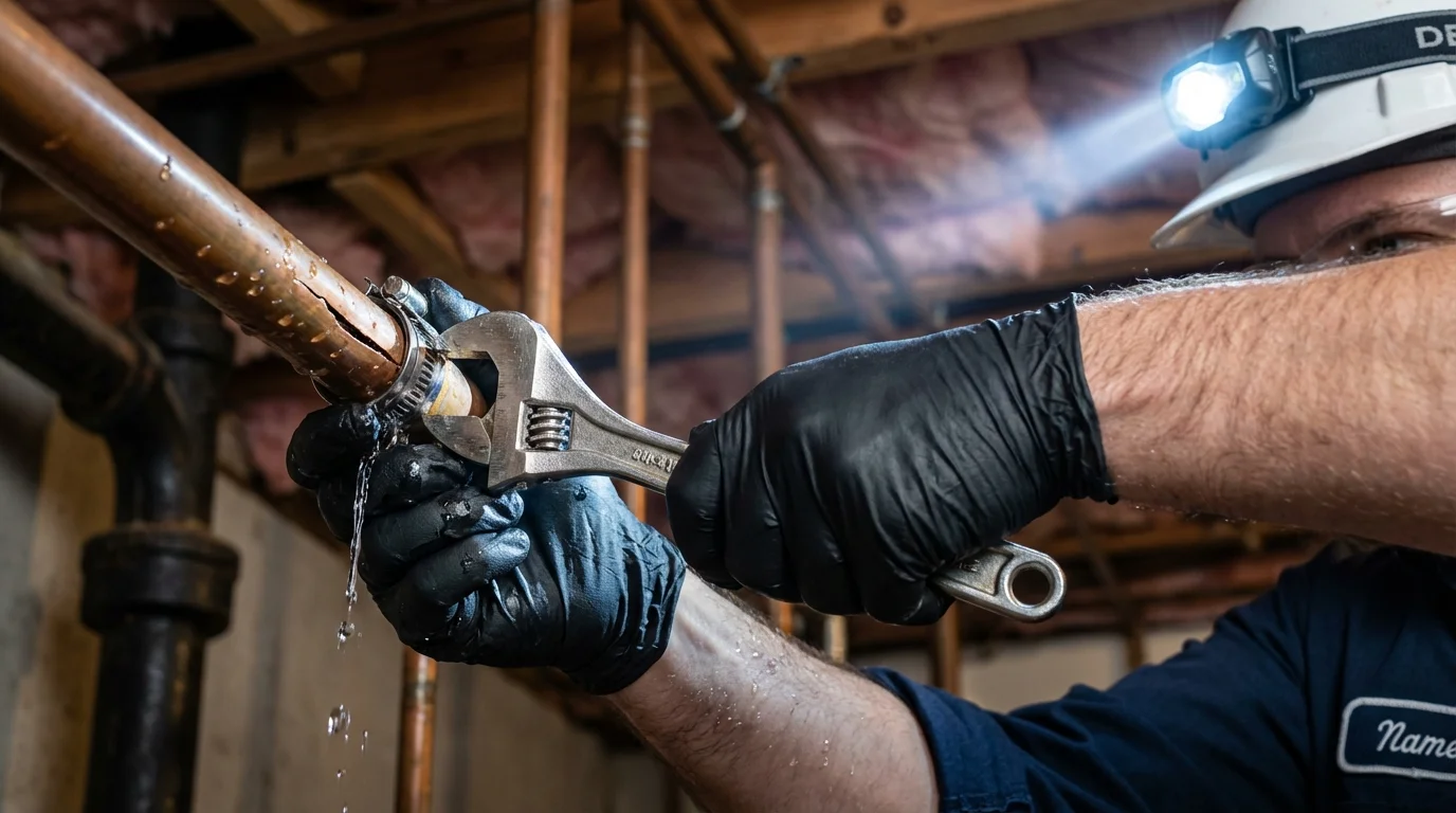 Emergency pipe clamp repair being performed by a Johns Plumbing LLC plumber in Laguna Hills