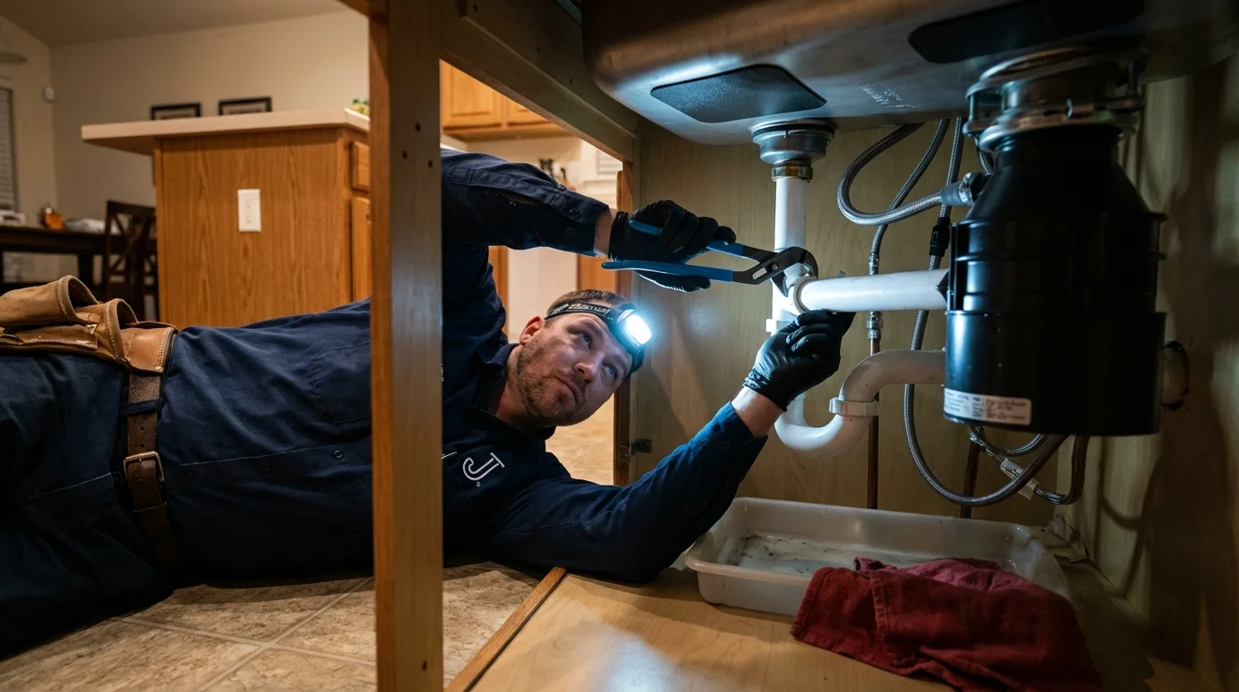 P-trap and supply line connections under a kitchen sink showing a common leak point in Laguna Hills, CA